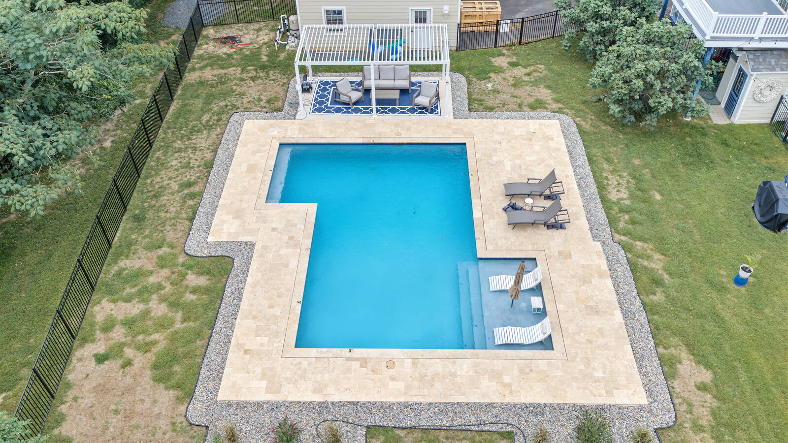 Aerial view of the pool and private grounds